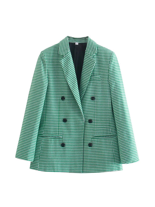 Autumn Winter Vintage Single Breasted Long Sleeve Plaid Women Padded Shoulder Blazer