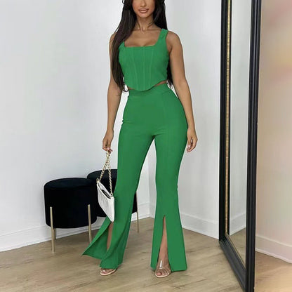 Summer Pants Suit Solid Color Office Sleeveless Vest Split Trousers Casual Two Suits - Wanita Store