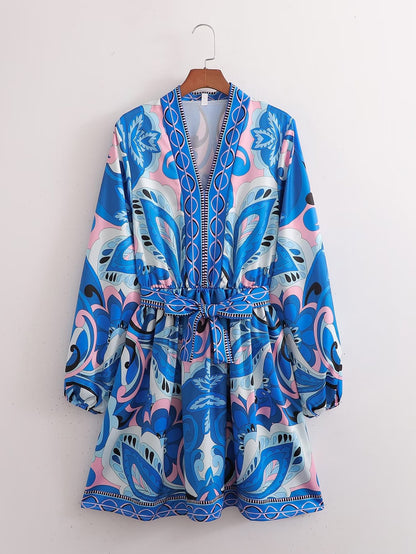 Autumn Women Clothing Long Sleeve V neck Positioning Floral Dress - Wanita Store