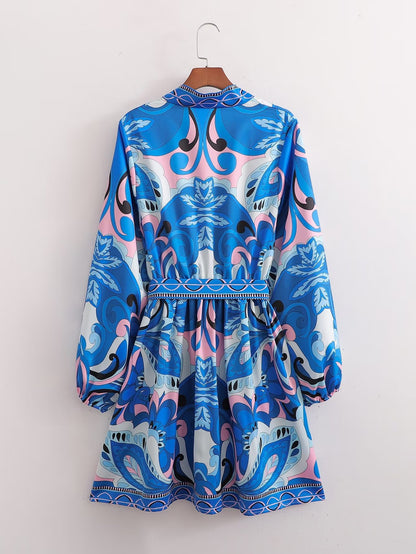 Autumn Women Clothing Long Sleeve V neck Positioning Floral Dress - Wanita Store