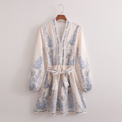 Spring Women Clothing Positioning Printing Pullover V neck Series Belt Long Sleeve Dress - Wanita Store