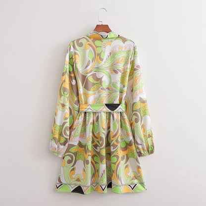 Sources Vintage Printed V neck Waist Controlled Long Sleeves Mid Length Dress Spring Summer Plus Size Slimming Dress - Wanita Store