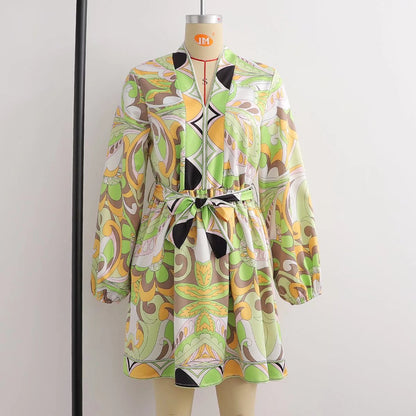 Sources Vintage Printed V neck Waist Controlled Long Sleeves Mid Length Dress Spring Summer Plus Size Slimming Dress - Wanita Store