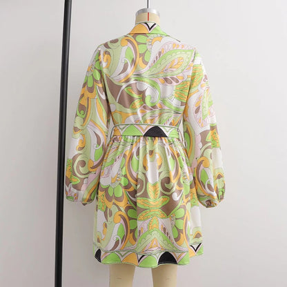 Sources Vintage Printed V neck Waist Controlled Long Sleeves Mid Length Dress Spring Summer Plus Size Slimming Dress - Wanita Store