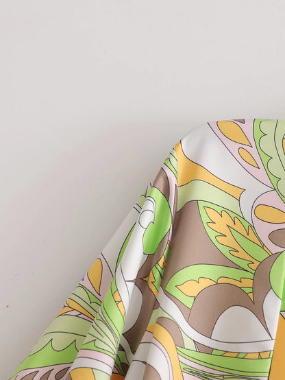 Sources Vintage Printed V neck Waist Controlled Long Sleeves Mid Length Dress Spring Summer Plus Size Slimming Dress - Wanita Store