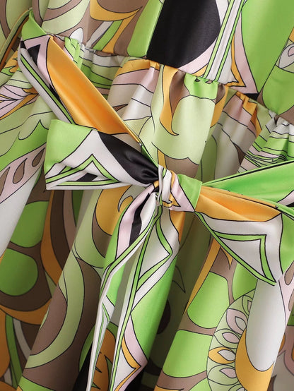 Sources Vintage Printed V neck Waist Controlled Long Sleeves Mid Length Dress Spring Summer Plus Size Slimming Dress - Wanita Store