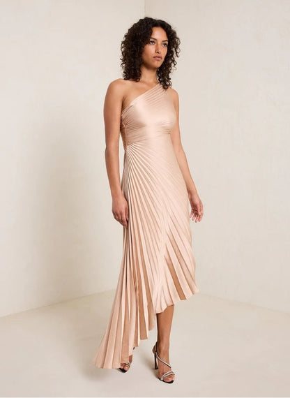 Women Clothing One Shoulder Sun Pleated Satin Dress - Wanita Store