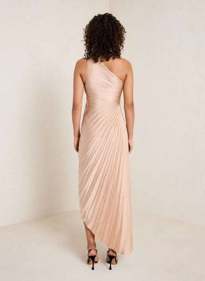 Women Clothing One Shoulder Sun Pleated Satin Dress - Wanita Store