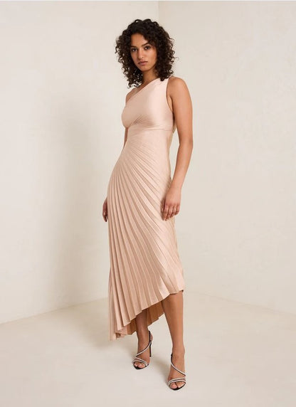Women Clothing One Shoulder Sun Pleated Satin Dress - Wanita Store