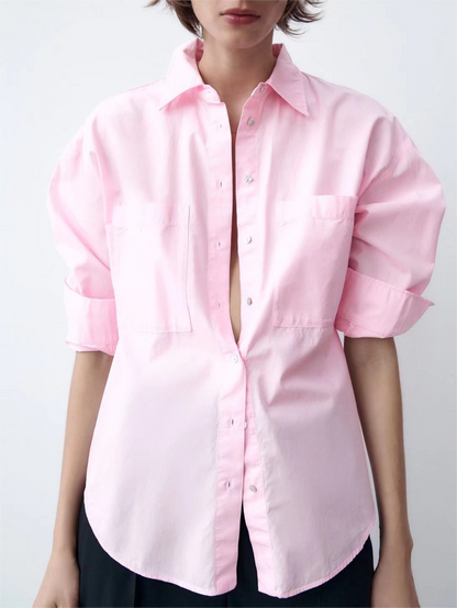 Spring Fall Women Clothing Office Casual Solid Pink Green Shirt - Wanita Store