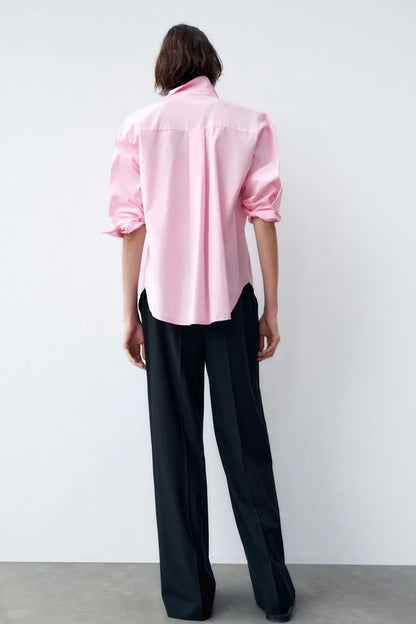 Spring Fall Women Clothing Office Casual Solid Pink Green Shirt - Wanita Store