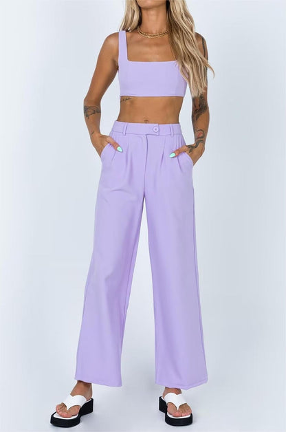 Winter Women Clothing Short Small Tank Top Top High Waist Buckle Casual Pants Suit Women - Wanita Store