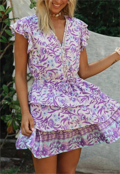 Autumn Winter Women Clothing Short Sleeve Ruffle Sleeve Printed Dress - Wanita Store
