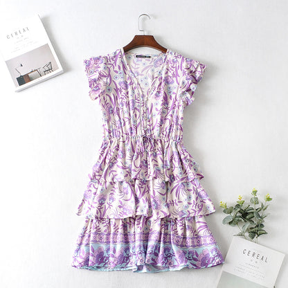 Autumn Winter Women Clothing Short Sleeve Ruffle Sleeve Printed Dress - Wanita Store