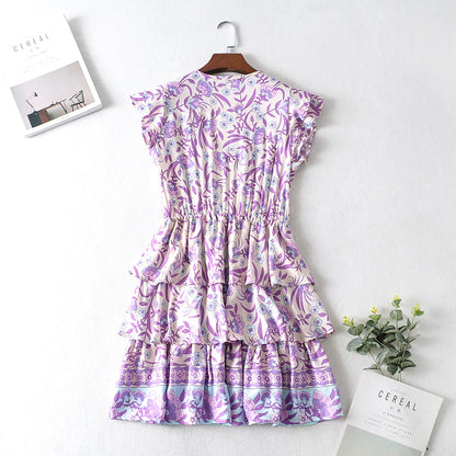 Autumn Winter Women Clothing Short Sleeve Ruffle Sleeve Printed Dress - Wanita Store
