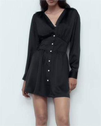 Autumn Women Black Satin Collared Long Sleeve Jewelry Fastener Decoration Shirt Dress - Wanita Store