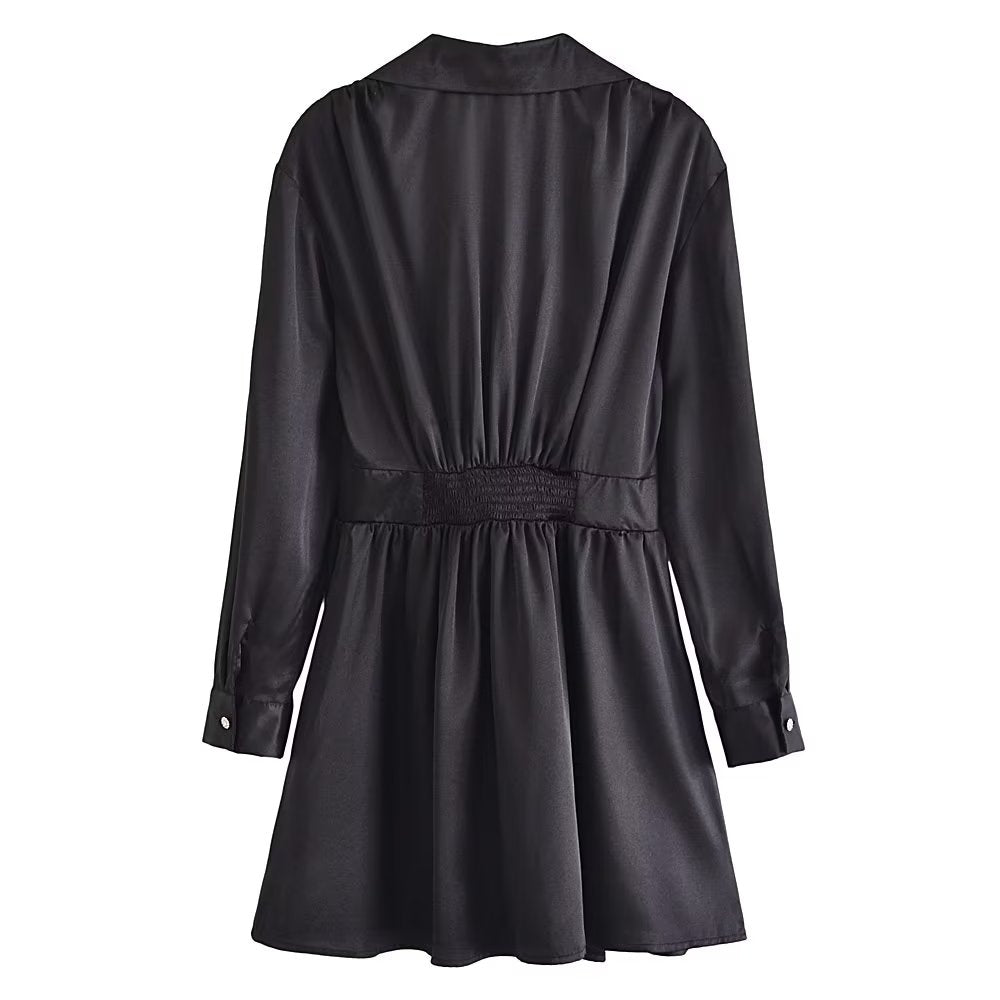 Autumn Women Black Satin Collared Long Sleeve Jewelry Fastener Decoration Shirt Dress - Wanita Store