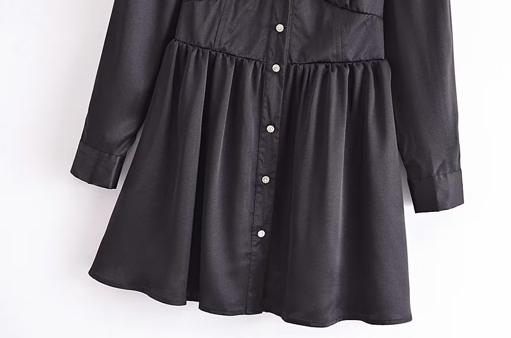 Autumn Women Black Satin Collared Long Sleeve Jewelry Fastener Decoration Shirt Dress - Wanita Store