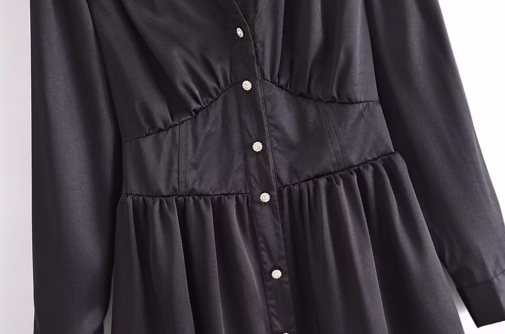 Autumn Women Black Satin Collared Long Sleeve Jewelry Fastener Decoration Shirt Dress - Wanita Store