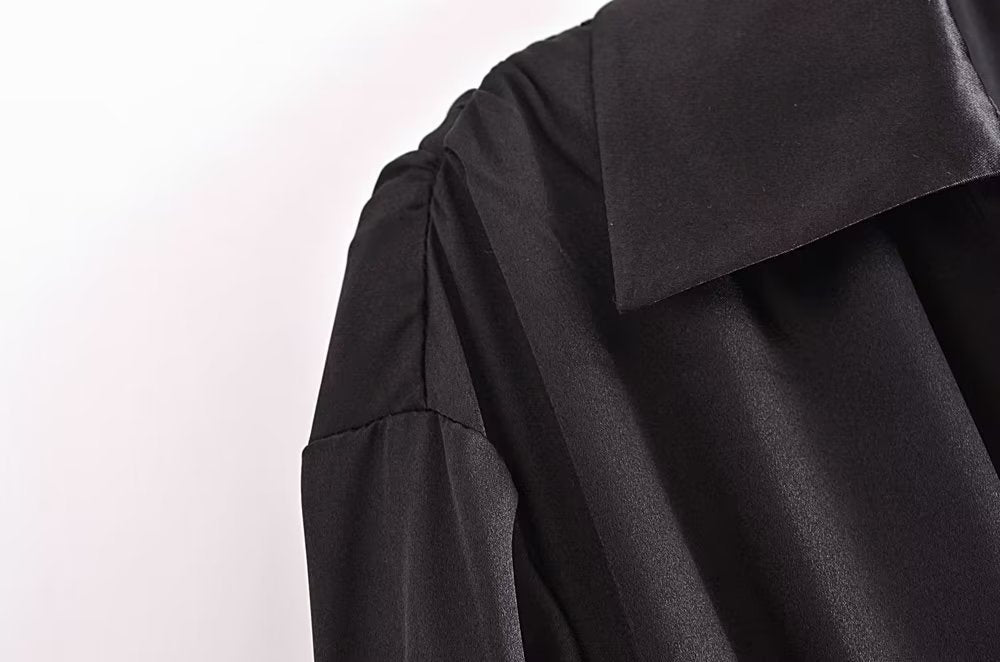 Autumn Women Black Satin Collared Long Sleeve Jewelry Fastener Decoration Shirt Dress - Wanita Store