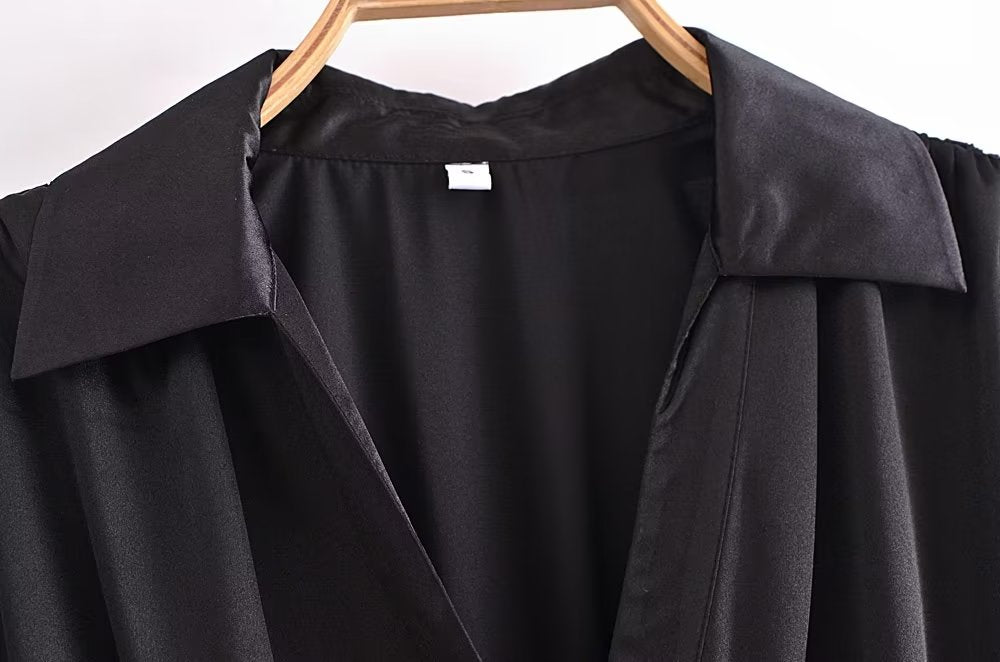 Autumn Women Black Satin Collared Long Sleeve Jewelry Fastener Decoration Shirt Dress - Wanita Store