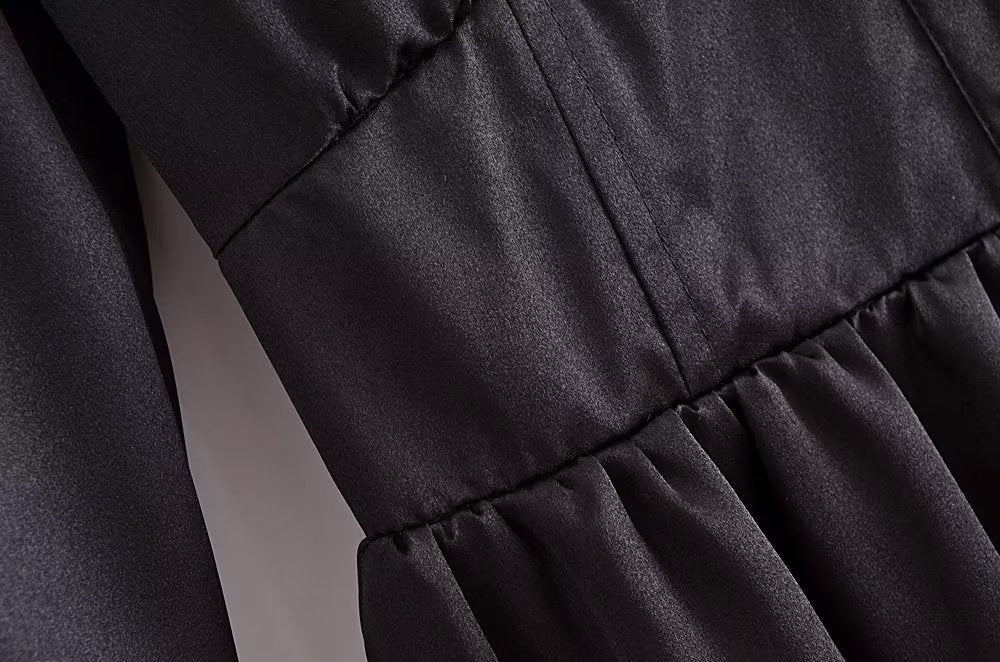 Autumn Women Black Satin Collared Long Sleeve Jewelry Fastener Decoration Shirt Dress - Wanita Store
