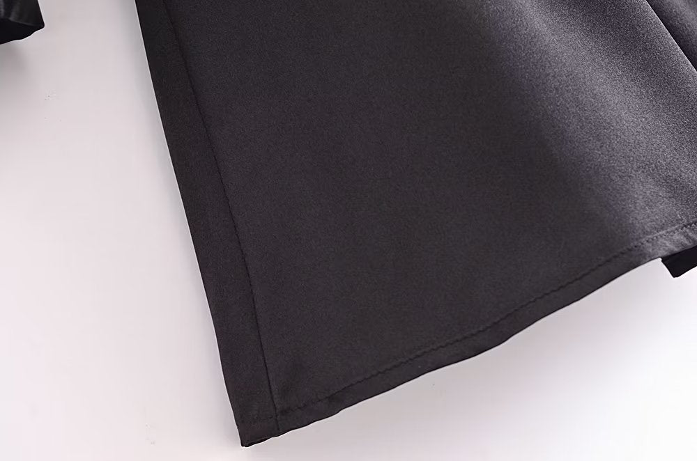 Autumn Women Black Satin Collared Long Sleeve Jewelry Fastener Decoration Shirt Dress - Wanita Store