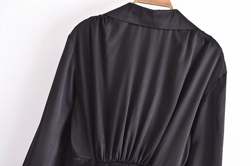 Autumn Women Black Satin Collared Long Sleeve Jewelry Fastener Decoration Shirt Dress - Wanita Store