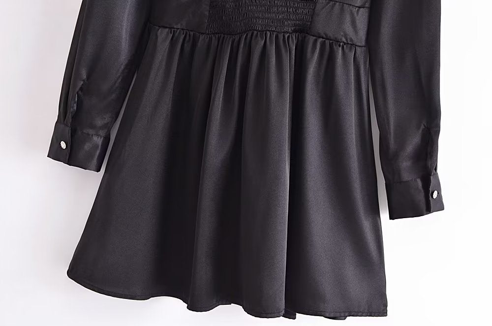 Autumn Women Black Satin Collared Long Sleeve Jewelry Fastener Decoration Shirt Dress - Wanita Store