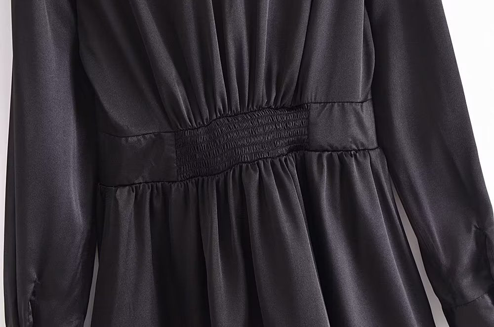 Autumn Women Black Satin Collared Long Sleeve Jewelry Fastener Decoration Shirt Dress - Wanita Store