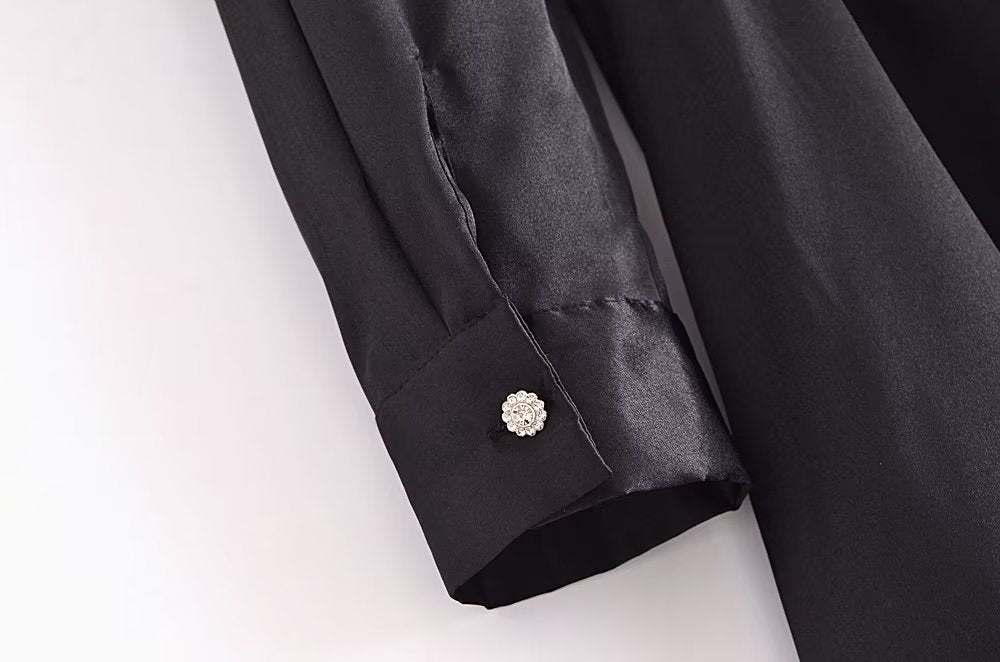 Autumn Women Black Satin Collared Long Sleeve Jewelry Fastener Decoration Shirt Dress - Wanita Store