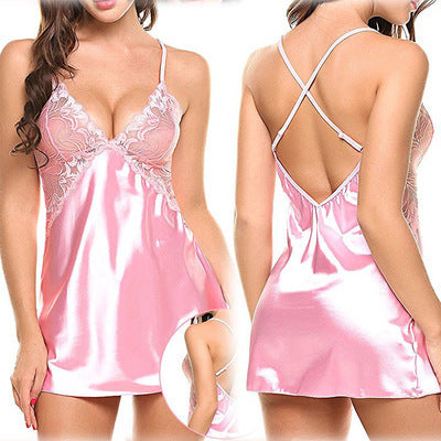 Sexy Lingerie Sexy Imitation Ice Silk Back Criss Cross Slip Nightdress Sexy
