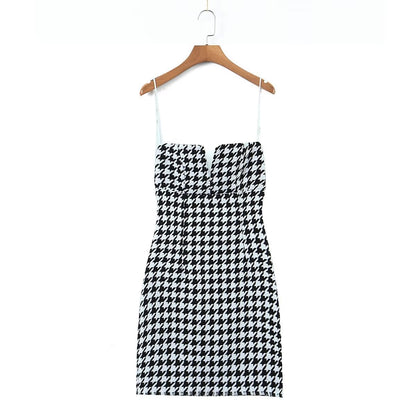 Fall Women Clothing Houndstooth Knitted All Matching V neck Strap Dress - Wanita Store
