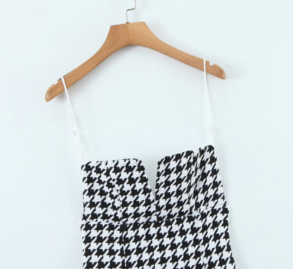 Fall Women Clothing Houndstooth Knitted All Matching V neck Strap Dress - Wanita Store