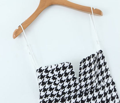 Fall Women Clothing Houndstooth Knitted All Matching V neck Strap Dress - Wanita Store
