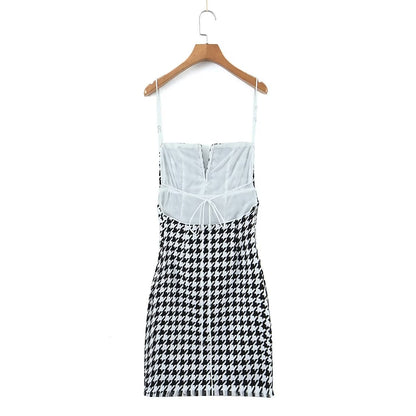 Fall Women Clothing Houndstooth Knitted All Matching V neck Strap Dress - Wanita Store