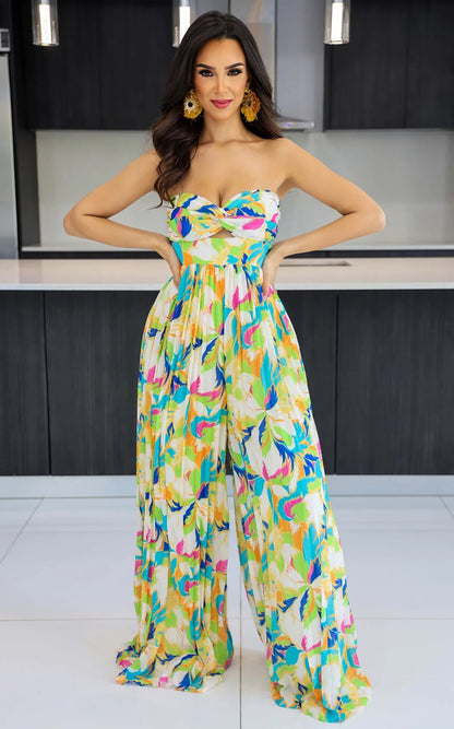 Sleeveless Chest Wrapped Printed Trousers Summer High Waist Pleated Jumpsuit - Wanita Store