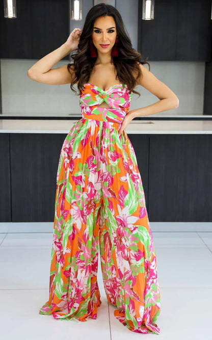 Sleeveless Chest Wrapped Printed Trousers Summer High Waist Pleated Jumpsuit - Wanita Store