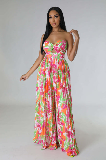 Sleeveless Chest Wrapped Printed Trousers Summer High Waist Pleated Jumpsuit - Wanita Store