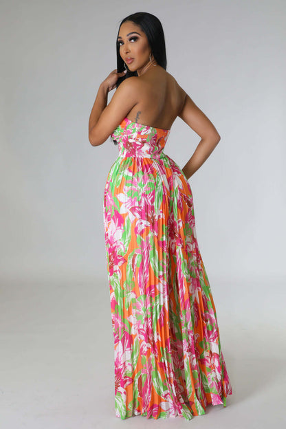 Sleeveless Chest Wrapped Printed Trousers Summer High Waist Pleated Jumpsuit - Wanita Store