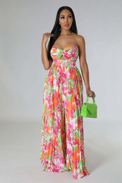 Sleeveless Chest Wrapped Printed Trousers Summer High Waist Pleated Jumpsuit - Wanita Store