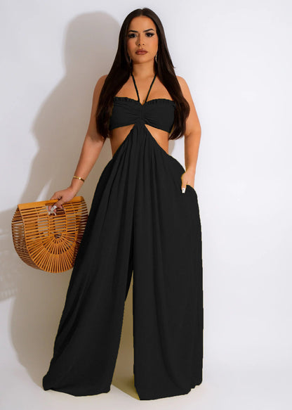 Women Clothing Spring Summer Solid Color Sexy Loose Backless Jumpsuit - Wanita Store