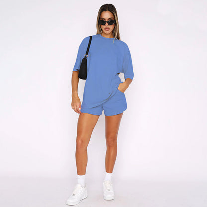 Solid Color round Neck Half Sleeve Pullover Top Women Clothing Casual Shorts Suit Summer - Wanita Store