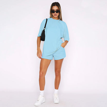 Solid Color round Neck Half Sleeve Pullover Top Women Clothing Casual Shorts Suit Summer - Wanita Store