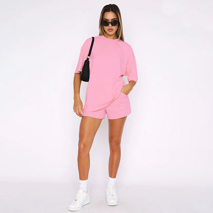 Solid Color round Neck Half Sleeve Pullover Top Women Clothing Casual Shorts Suit Summer - Wanita Store