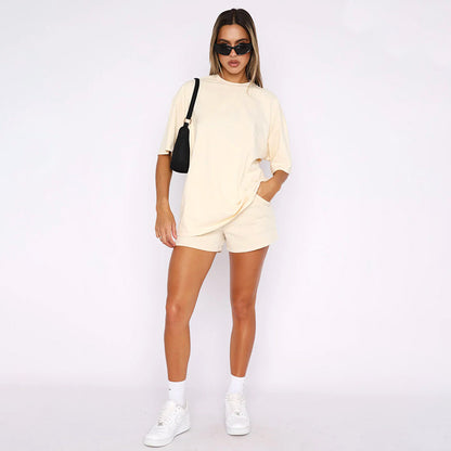 Solid Color round Neck Half Sleeve Pullover Top Women Clothing Casual Shorts Suit Summer - Wanita Store