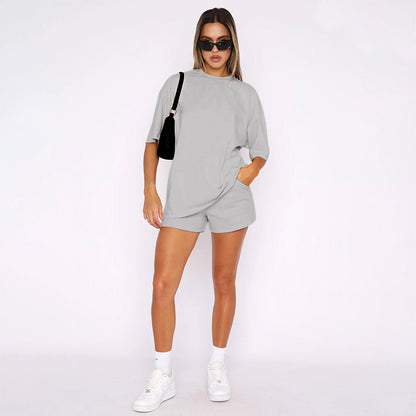 Solid Color round Neck Half Sleeve Pullover Top Women Clothing Casual Shorts Suit Summer - Wanita Store