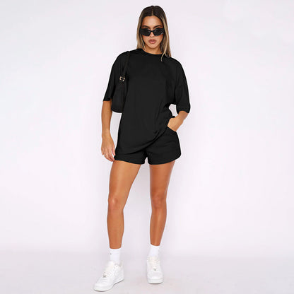 Solid Color round Neck Half Sleeve Pullover Top Women Clothing Casual Shorts Suit Summer - Wanita Store