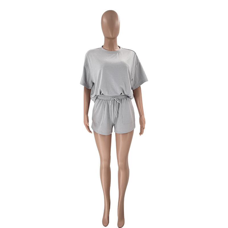 Solid Color round Neck Half Sleeve Pullover Top Women Clothing Casual Shorts Suit Summer
