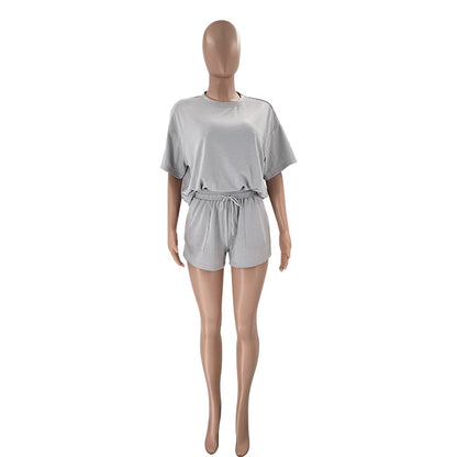 Solid Color round Neck Half Sleeve Pullover Top Women Clothing Casual Shorts Suit Summer - Wanita Store